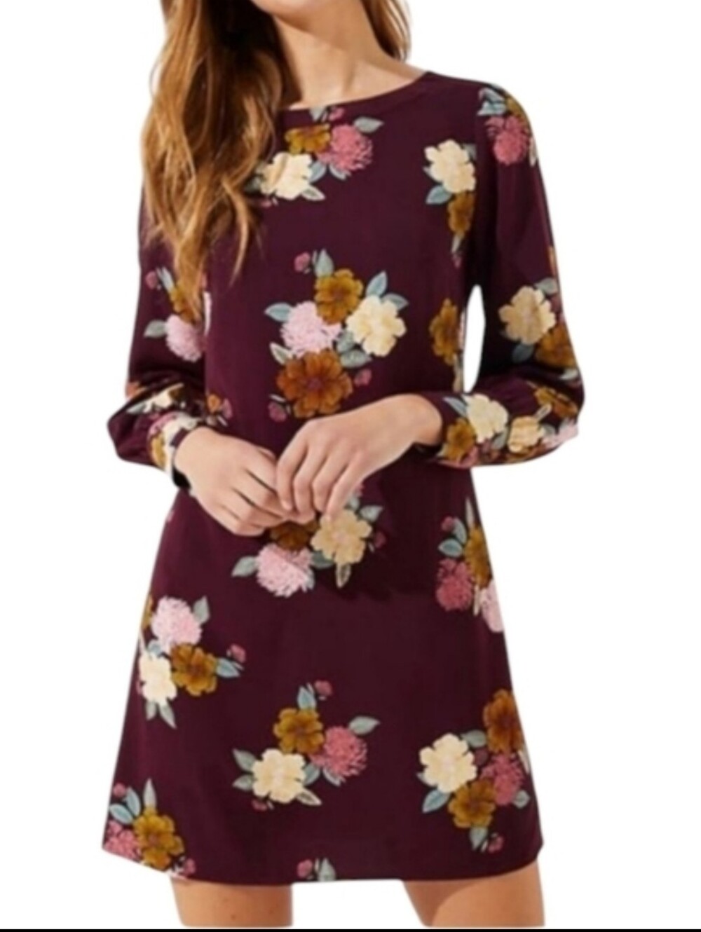 Loft Burgundy Dark Fairy Floral Long Sleeve Whimsigoth Dress Sz 14